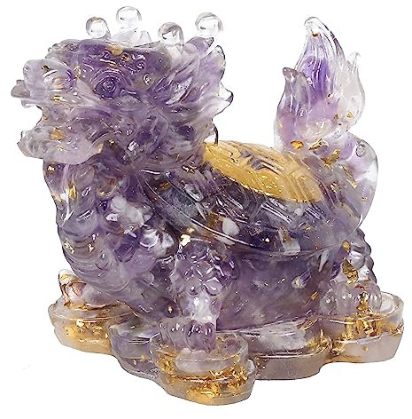 KYEYGWO Amethyst Kristall Drachen-Schildkröte Figur Deko, Harz Chinesischer Drache Stein Statue Reichtum Goldmünze Skulptur Feng Shui Wohlstand Ornament Glück Sammlerfigur für Haus Büro