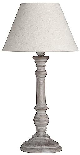 Grey Washed Wood Vintage Rustic Candlestick Stem Table Lamp with Linen Fabric Tapered Shade | 38cm Height | 1 x ES E27 Lamp Required | in-Line On Off Switch | Wooden Hand Lathe Turned