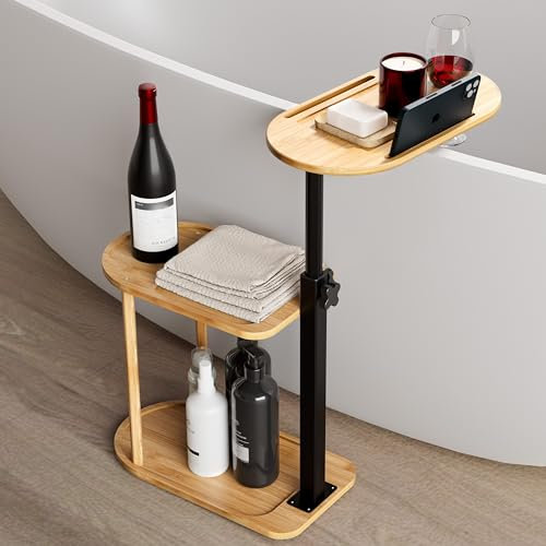 TAIKOUL Bandeja de baño de bambú de 3 capas, bandeja de baño independiente para bañera contra pared, bandeja de bañera, estante de baño, organizador de baño, estante para spa de lujo