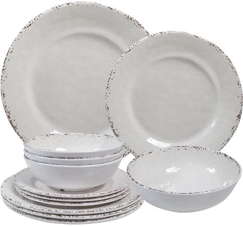 ZAROCRUS Farmhouse Melamine Dinnerware Sets,12 Pieces Dishes Dinnerware Set,Service for 4 Lightweight Kitchen Plates and Bowls Sets, Great for Casual dining and Outdoor Parties Camping or RVs, White