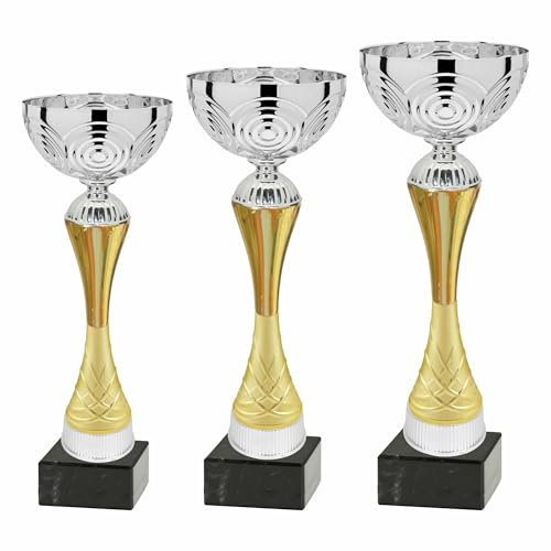 Generico Tris di Coppe Trofei tornei Sportivi, Campionati amatoriali, premi scolastici, Feste aziendali, Fantacalcio – 3 Premi con Base Marmo, Targa in Alluminio Personalizzabile