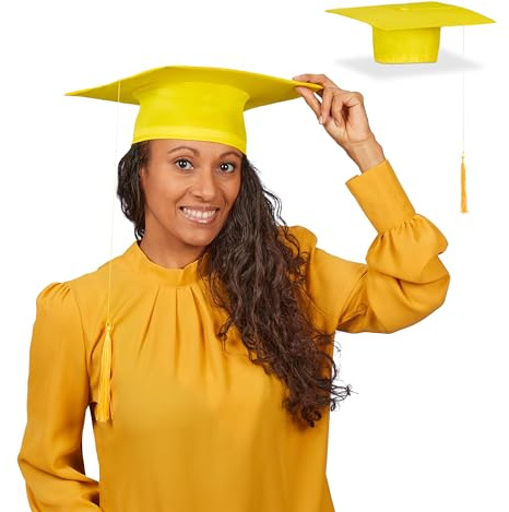 Relaxdays Doktorhut, 2er Set, Absolventenhut mit Quaste, für Abitur, Bachelor- & Masterabschluss, Abschlusshut, gelb