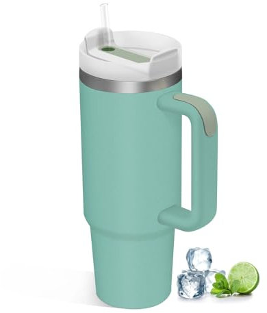 COZOME 30OZ Mug Isotherme avec poignée et Paille, Sans BPA Tasse à Café Acier Inoxydable, Double Isolée Mugs et tasses à Thermos Café, Verres à Boire Réutilisables for Voiture, Bureau, Eucalyptus
