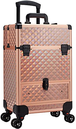 Valise de Maquillage Malette Maquillage Valise Onglerie à roulettes Valise Coiffure de Grande capacitéValise Cosmétique et Portable, Or Rose