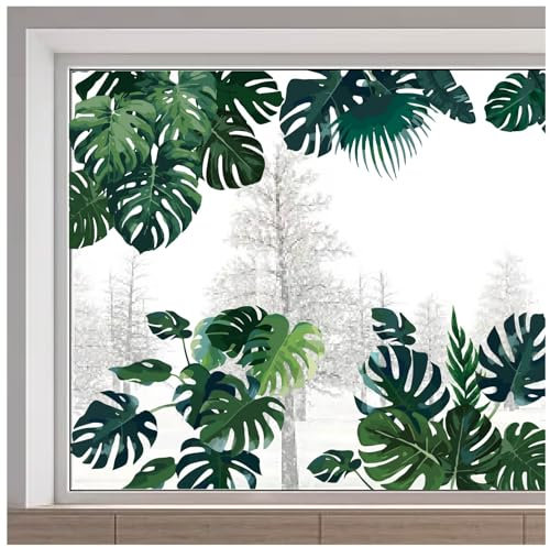 GORGECRAFT Tropische Fensteraufkleber, statisch, nicht klebend, Palme, Monstera, Farn, Fensteraufkleber, Pflanze, Blätter, Blumen, botanische Fensteraufkleber für Glasschiebetür, Sommer,