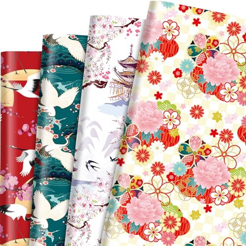 12 Blatt 50,8 x 71,1 cm japanisches Kimono-Geschenkpapier mit Linienkunst-Tinte, japanische Gebäude-Landschaftsmotive, Kraniche, Sakura-Vögel, Geschenkpapier