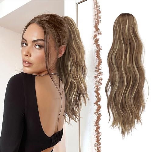 FESHFEN Gewellt Pferdeschwanz Haarteil mit Klammer, 50cm Pferdeschwanz Zopf Extensions Claw Clip in Wavy Ponytail Extension Synthetik Haarverlängerung für Frauen Damen Hellbraun und Blond