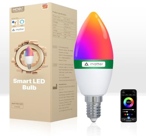 MOES Smart Glühbirne Matter E14, WLAN Alexa LED Lampe RGBCW, WW, mit Dimmbar, Musiksynchronisation, 16 Millionen Farben, kompatibel mit Apple HomeKit, SmartThings, Alexa, Google Home