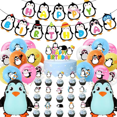 Doyomtoy 39 Stück Pinguin Geburtstag Deko - Luftballons, Folienballons, Banner, Cake Topper für Party Dekoration