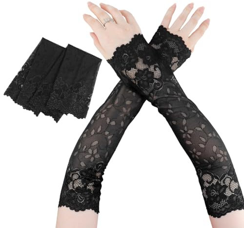 LNQ LUNIQI Spitze Armstulpen Sonnenschutz Ärmel, Schwarz Armstulpen UV Kühlung, Spitzenhandschuhe Lang Fingerlose Armstulpen, Frauen Lange Handschuhe für Draussen Reiten (1 Paar)