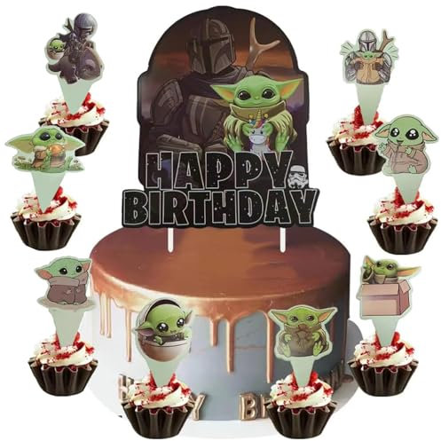 Ctxtqtdt 25 Stück Sta War Tortendeko Jungen, Sta War Kuchen Deko Kindergeburtstag, Yod Cake Topper Set, Happy Birthday Topper für Kinder Geburtstag Party Kuchen Dekoration Supplies (B)