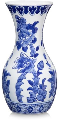 Blaue und Weiße Keramikvase, 27CM Blumenvase mit Blumenmuster, Große Retro Chinoiserie Vase Deko, Vintage Vase für Blumen Tisch Centerpiece Wohnzimmer Bücherregal Dekoration