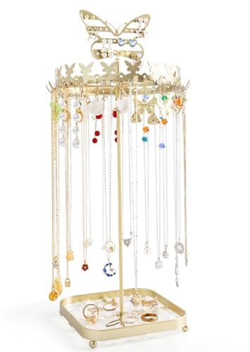 MOFASVIGI Jewelry Organizer Stand Gold Necklace Bracelet Holder Tree with 18 Hooks Earring Organize with 44 holes Metal Aesthetic Jewelry Display Towers for Rings Storage