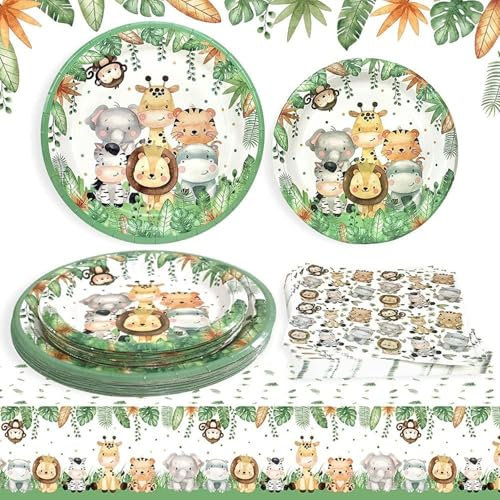 Jungle Safari Birthday Party Decorations Plates Set for 16 Guests, Wild One Birthday Plates Napkins Cups Straws Tablecloth and Happy Birthday Banner Zoo Animals Party Supplies for Boys