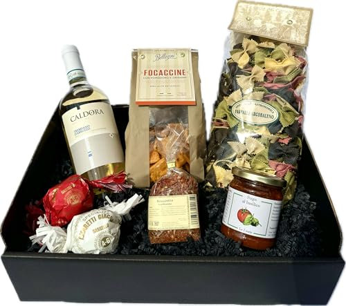 Präsentkorb Italia mit italienischem Weißwein, Pasta, Sugo, Focaccine, Gewürzmischung und Amaretti | für einen italienischen Abend zu zweit | Ein Weingeschenkset für Männer und Frauen