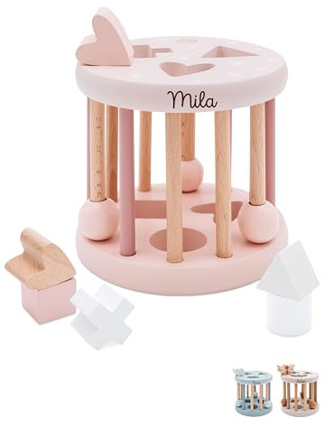 wunderwunsch® - Personalisiertes Formen-Sortier-Rad aus Holz - Montessori Würfel - Baby Motorikspielzeug ab 1 Jahr - Baby Spielzeug 1 Jahr (rosa, mit Name)