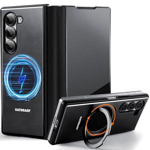 NIFBANG Handyhülle für Samsung Galaxy Z Fold 6 Hülle mit Magsafe,360°Drehbar Magnet Ständer,[Echt Leder + Metall Aluminium] Anti-Scratch Kameraschutz Schutzhülle,Klappbar Flip Case Cover,Schwarz