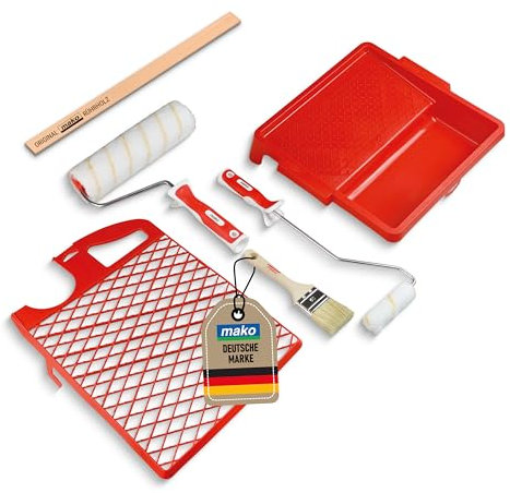 mako PROFI Maler-Set 7-teilig – Komplett-Set inkl. Klein- und Großflächenroller, Flachpinsel, Goldfadenwalze, Abstreifgitter, Farbwanne und Rührholz in Handwerker-Qualität