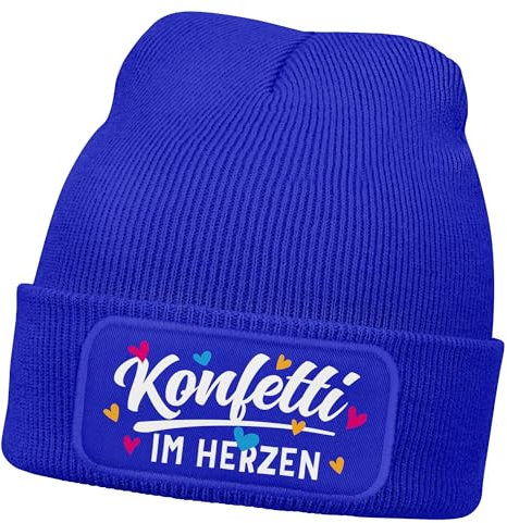 MoonWorks® Damen Beanie mit Patch Strickmütze mit Spruch Fasching Karneval Party Konfetti im Herzen Damenmütze Blau Unisize