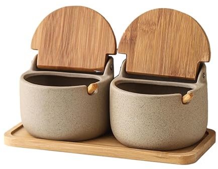 Xasbseulk Saliera e pepiera – 2 contenitori con coperchio in legno, contenitore in ceramica per piano di lavoro, contenitore resistente per sale e barattoli per casa, ristorante