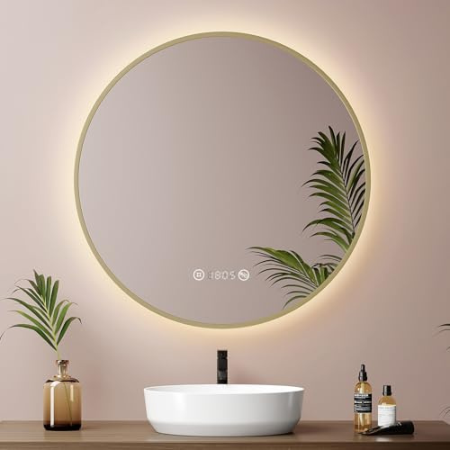 EMKE 60cm Round Bathroom Mirror with LED Lights, Gold Frame & Time Display | Gold frame LED mirror with adjustable brightness, memory function, anti-fog technology and clear digital time display.