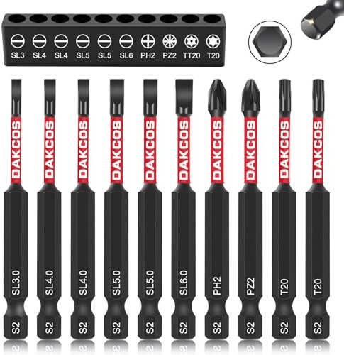DAKCOS 10PCS 75mm Long Slotted Screwdriver Bits 1/4 Inch Hex Shank Bit Set, Flat Head Drill Bits for Impact Power Tool PH2/PZ2/SL3/SL4/SL5/SL6/TT20/T20, S2 Steel