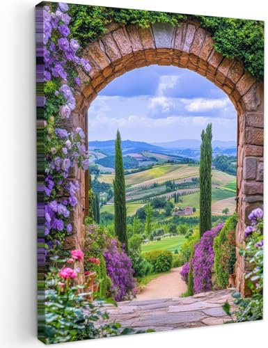 MuchoWow© Bild auf Leinwand 30x40 cm Schlafzimmer Bilder Badezimmer Wand Deko Wohnzimmer Modern Wanddeko Bilderwand Geschenk Fensterblick - Toskana - Landschaft - Einfahrt