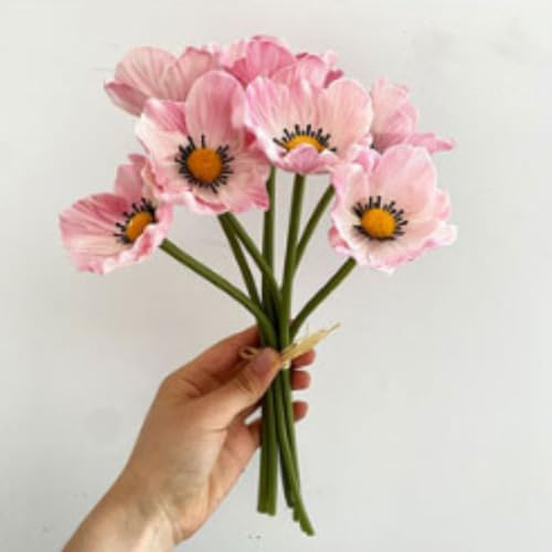 Künstliche Mohnblumen, künstliche Mohnblumen, Seide, kein Verblassen, PU-Latex-Blumen für Küche, Tisch, Tafelaufsatz, Hochzeit, Urlaub, Brautstrauß, Zuhause, Party-Dekoration, Rosa, 10 Stück
