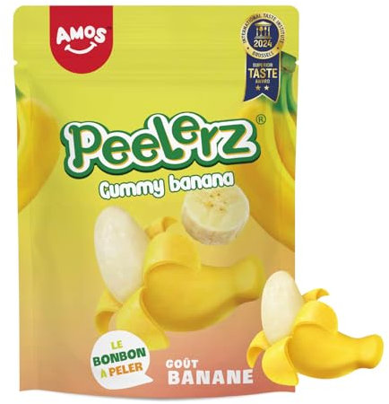 Amos Peelerz Banane - Bonbons à Peler Goût Banane (60% Jus de Fruits) - 12 Sachets Refermables x 120g