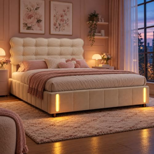 Polsterbett 160x200 mit Stauraum, Doppelbett mit Induktive LED-Leuchte, Hydraulisch Stauraumbett, Jugendbett mit kopfteil und Lattenrost, Bettrahmen für Erwachsene, Samt (Beige, 160 x 200 cm)