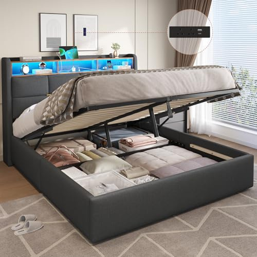 DICTAC King Size Bed Frame with Hydraulic Storage,Charging Station and Led Lights King Upholstered Ottoman Bed with Headboard,5ft Lift Up Platform Storage Beds,Wood Slats,Grey-150x200cm-No Mattress