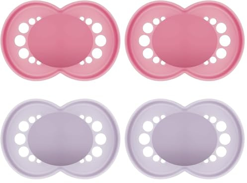 MAM Original Schnuller im 2er-Set, zahnfreundlicher Baby Schnuller aus nachhaltigen & bio-erneuerbaren Materialien, Sauger aus MAM SkinSoft Silikon, mit Schnullerbox, 16+ Monate, lila/pink
