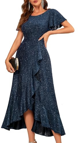 Berylove Damen Abendkleid Lang Glitzer Festlich Kleid für Hochzeit Elegant | Schicke Ballkleid mit Vokuhila Saum Flügelrüschen, Pailletten-Cocktailkleid Prom Dress passend für alle Festlichen Anlässe.