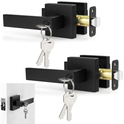2 Set Door Lever Handle Lock Black Door Handles Set with Lock and Key | Door Handles with Locks Square Door Handle Internal Entry Privacy Door Handle for Left or Right Handed Doors Bedroom Office