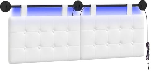 vidaXL Hängendes Kopfteil Mit LED Licht Weiß Stoff, Moderner, rechteckiger Polster-Kopfteil, Wandmontage, anpassbare Schlafzimmer-Deko, platzsparende Möbel Ideen