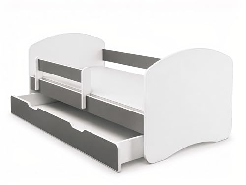 ACMA Kinderbett 160x80 cm Grau inkl. Matratze und Lattenrost - Stabiles Juniorbett mit Rausfallschutz für Mädchen & Jungen - Massives Kinderzimmer Bett, Belastbar bis 120 kg (mit Schublade)