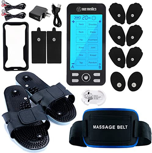 NueMedics Wiederaufladbare Tens 24 Muskelstimulatoren, Komplett-Set + Flex-Gürtel zum Aufstecken für den unteren Rücken + Hausschuhe, Schmerzlinderung, Therapie, Muskelerholung, Neuropathie,