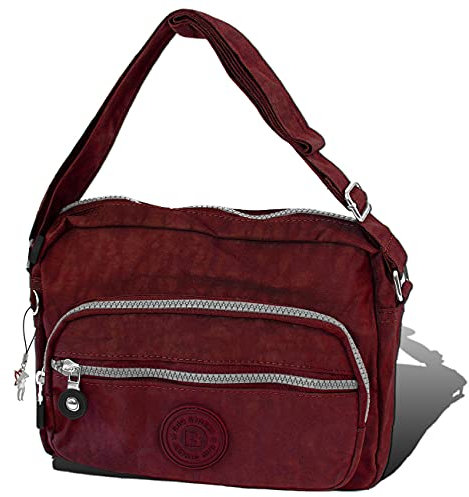 ekavale - Kleine leichte Damen-Handtasche Umhängetasche aus hochwertigem wasserabwesendem Crinkle Nylon inkl. Lederschlüsseltasche (Rot)