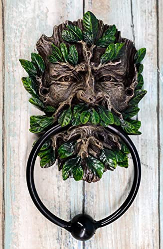 Ebros Gift English Celtic Traditional Greenman Forest Deity Spirit Decorative Door Knocker Figurine Resin Sculpture with Cast Iron Ring Ball Wiccan Tree of Life Themed Accent