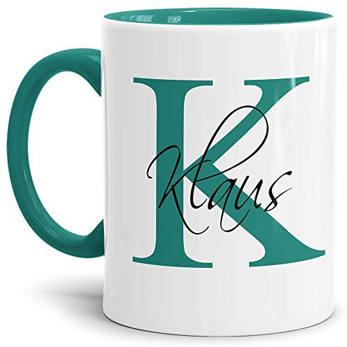 Tassendruck Edle personalisierte Namens-Tassen mit Ihrem Anfangsbuchstaben und Namen - Namenstasse/Geschenk-Idee/Geburtstags-Geschenk/Namenstag- Innen & Henkel Türkis