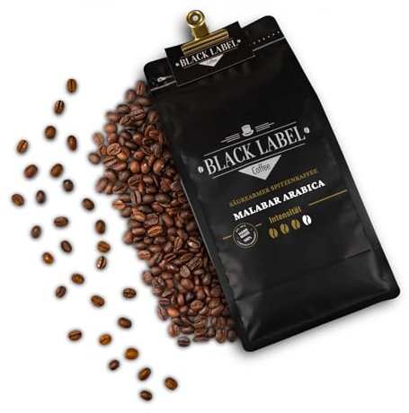 Black Label Coffee® Kaffeebohnen 1kg extrem säurearm Malabar Arabica schokoladig satte Crema mild frisch & langsam geröstet Specialty Coffee ganze Espresso-Bohne für Vollautomat & Siebträger