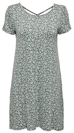 Only Onlbera Back Lace Up S/S Dress Jrs Noos Vestido, Balsam Green/Aop:White Flowers, M Mujer
