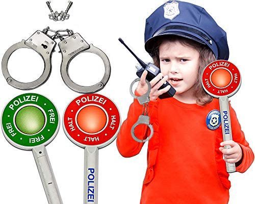 Trendario Polizei Set Kinder - Handschellen aus Metall inkl. Schlüssel und Polizeikelle mit Lichtfunktion - ideal als Polizeikostüm, Polizei Spielzeug für Kinder