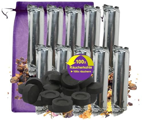 RÄUCHERKOHLE Kohle zum räuchern 100x Premium Schnellzünder Tabs 33mm für JEDES Räucherwerk. Rauchfrei rußfrei geruchsneutral. Mit Räucheranleitung und Stofftäschchen 95840-K10