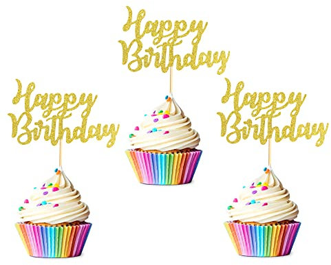 Arthsdite 48 Stück vormontierte Gold Glitter Happy Birthday Cupcake Topper Kuchen Essen Obst Picks für Feier Geburtstag Party Dekoration Supplies