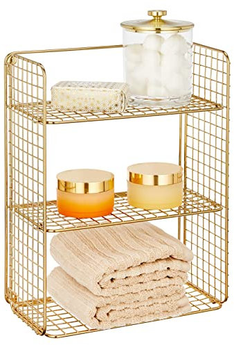 mDesign Großer Metalldraht-Bauernhof, Wanddekor, Aufbewahrungsorganizer mit 3 Ebenen für Bathroom, Entryway, Hallway, Mudroom, Schlafzimmer, Waschraum, Wandmontage, Soft Brass