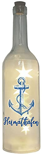 WB wohn trends LED-Flasche Folien-Motiv, Heimathafen mit Anker maritim blau, 29cm, Flaschen-Licht Lampe mit Text Spruch