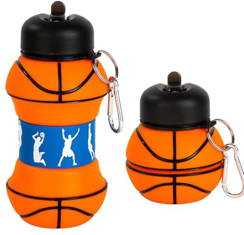 Borraccia Silicone Pieghevole, Borraccia Basket Bambino, Bottiglia Silicone d'Acqua Portatile per Bambini Ragazzi di Sport Borraccia Sportiva, Accessori Basket Idea Regalo, Senza BPA, 550 ml (Basket)