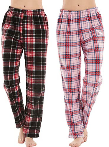 IceBoo Lot de 2 Pantalons de Pyjama en Polaire pour Femme, Carreaux, Poches Latérales, Taille Élastique avec Cordon de Serrage, Vêtements de Détente