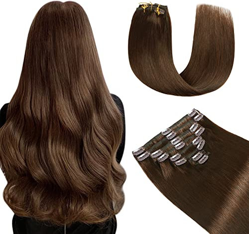 YILITE Clip in Extensions Echthaar 50cm 100% Echthaar Extensions Clip 20 Zoll 8 Stück 120g Unsichtbar Glatt Zum Anklippen Menschenhaar Doppelt Genäht (50cm #4 Schokoladen Braun)